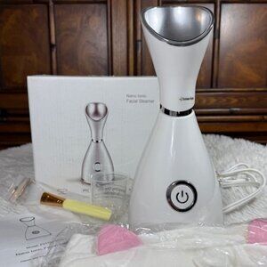 White Silver Portable Nano Ionic Facial Steamer Warm Mist Home Skin Spa